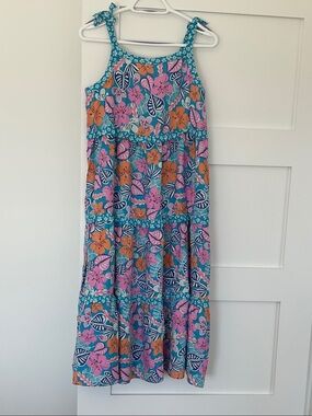 Cat & Jack blue Floral Tiered Midi Dress with Pink & Orange Flowers